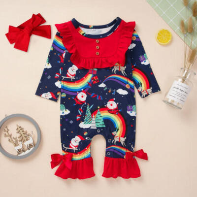 

USA Newborn Baby Girls Christmas Rainbow Romper Ruffle Jumpsuit Playsuit Clothes