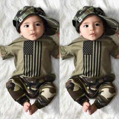 

US 2PCS Newborn Kids Baby Boy Summer Clothes USA Flag T-Shirt Camo Pants Outfits