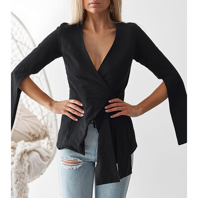 

Women Elegant Busines Shirt Sexy Slim V-Neck Tops Long Sleeve Irregular Blouse