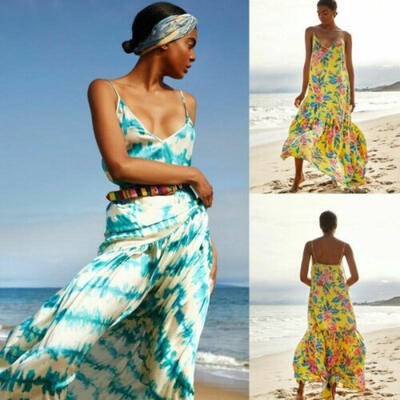 

NEW Women Holiday Sleeveless Tie Dye Stripe Maxi Dress Boho Beach Long Sundress