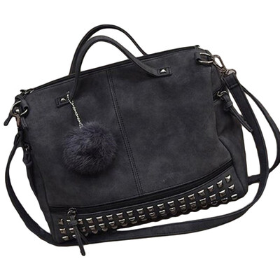 

Women Solid Color Pompom Pendant Studded Faux Leather Tote Crossbody Sling Bag