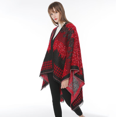 

New lace houndstooth warm shawl factory direct Europe&America autumn&winter scarf long thick cloak cloak