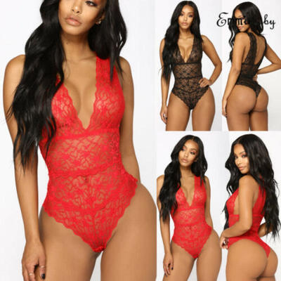 

Women Ladies One Piece Lingerie Sheer Lace Bodysuit Sleeveless Deep V Lingerie