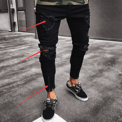 

Fashion Mens Ripped Skinny Jeans Destroyed Frayed Slim Fit Denim Pant Zipper VV