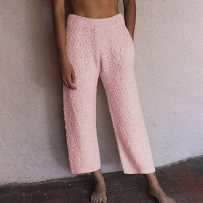 

Women Pants Faux Fleece Solid Color Elastic High Waist Straight Legs Casual Autumn Winter Trousers