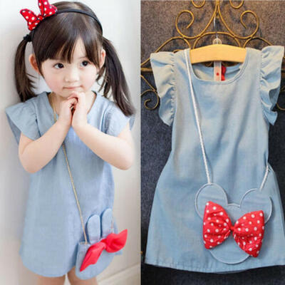 

New Cute Kids Baby Girl Dress Bowknot Bag Princess Demin Party Dress Clothes
