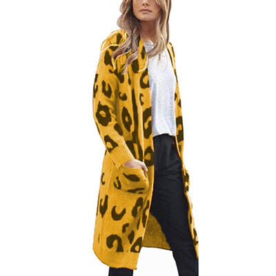 

Autumn Winter Women Loose Casual Leopard Knit Cardigan Sweater Long Coat Outwear