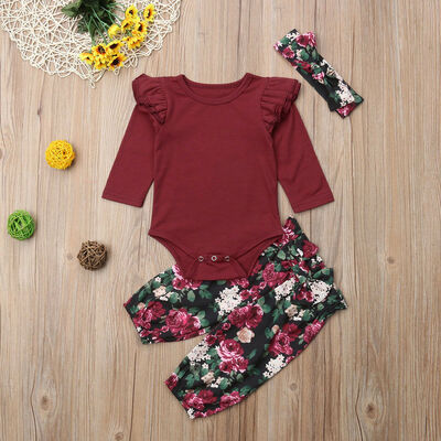 

3PCS Newborn Infant Baby Girls Tops Romper Floral Pants Headband Outfits Clothes