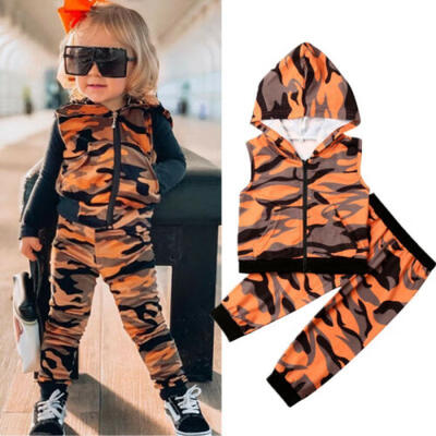

US Toddler Kids Baby Girl Hoodie Camouflage Zipper Tops Coat Pants Clothes 2-5Y