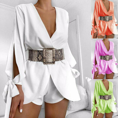 

New Womens V Neck Work Tops Blouse Plunge Billowing Split Sleeve Tie Romper