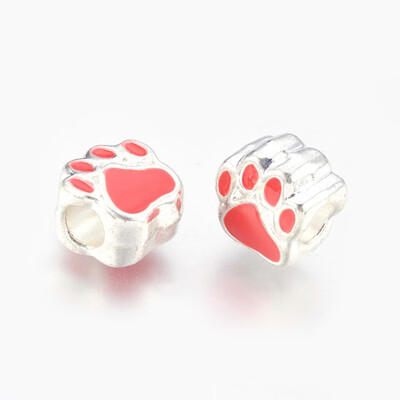 

Alloy Enamel European Beads Large Hole Beads Dog Paw Print Silver Salmon 11x10x7mm Hole 45mm