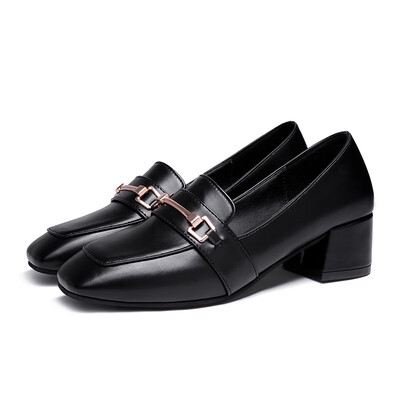 

Small leather shoes female Yinglun 2019 new style early spring hundred square head metal buckle Lafu shoes soft sister thick heel