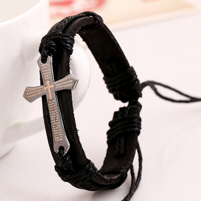 

Fashion Adjustable Bangle Multilayer Adjustable Leather Woven Braided Bangle Cross Bracelet Leaf Wrist Cuff Wristband