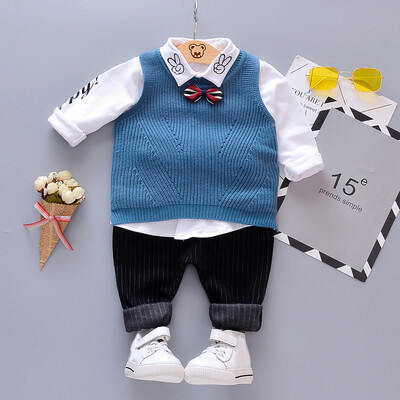 

Autumn Baby Boy Long Sleeve Letters Print Shirt Sleeveless Sweater Striped Trousers Casual Outfits