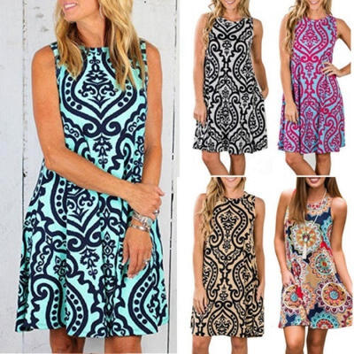 

Women Fashion Summer Sleeveless Bloues T Shirt Tops Tunic Mini Dress Casual Top