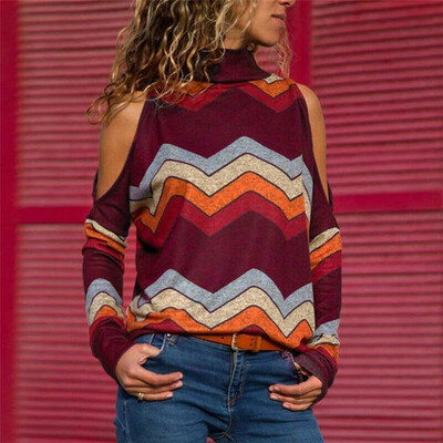 

Womens Cold Shoulder Striped Long Sleeve Tops Blouse Ladies Casual T Shirt Tee