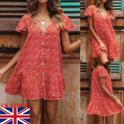 

UK Women Ladies Summer Smock Dress Holiday Beach Casual Loose Frill Sundress