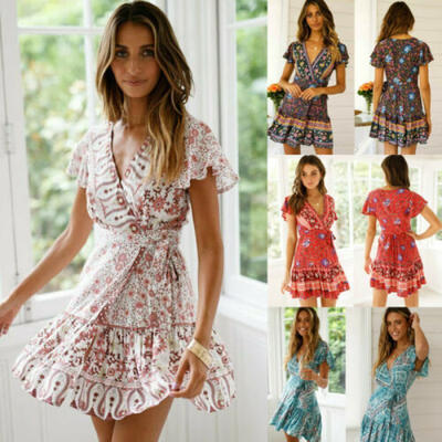 

Women Boho Floral Chiffon Summer Party Evening Beach Short Mini Dress Sundress