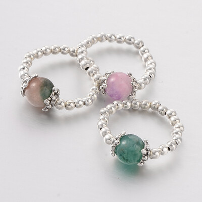 

Two Tone Natural Jade Stretch Finger Rings with Tibetan Style Bead Caps&Silver Tone Iron Beads Mixed Color 19mm