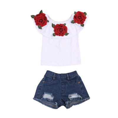 

Toddler Kids Baby Girls 3D Flower Tops Denim Pants Shorts Outfits Clothes Set