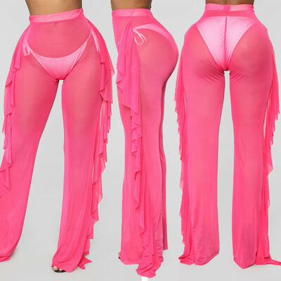 

Fashion Womens See Through Sheer Mesh Ruffle Swimsuits Beach Cover up Pants