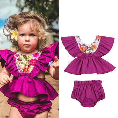 

Newborn Baby Girls Floral Tops Vest Ruffle Shorts Clothes Outfits Sunsuit 0-2T