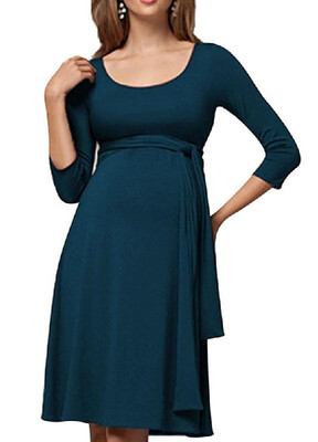 

Mommys Round Neck Pure Color Covenient Lactation Dress