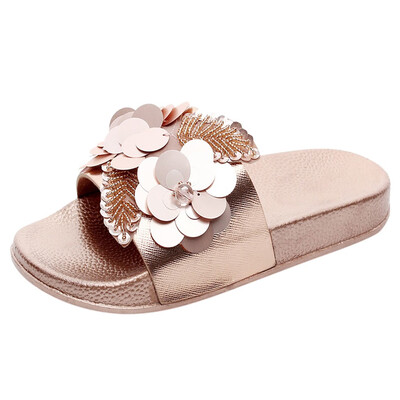 

Rose Womens Flat Slides Sandals Diamante Sparkly Sliders Sequin Flower Slippers Shoes