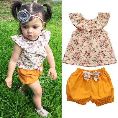 

2pcs Toddler Kid Baby Girl Summer Clothes Floral T Shirt Tops Shorts Outfits Set