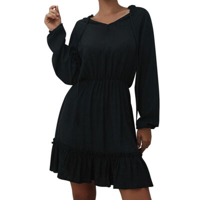 

Women Autumn Sweet Fashion Concise All-match Solid Color Long Sleeve V-neck Dress