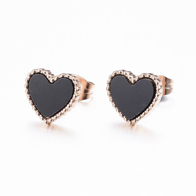 

304 Stainless Steel Stud Earrings with Acrylic Heart Rose Gold 9x10x2mm Pin 08mm
