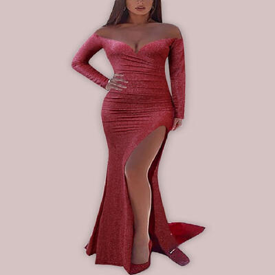 

Taut Solid Color Off-the-Shoulder Slit Full-length Fishtail Evening Dress