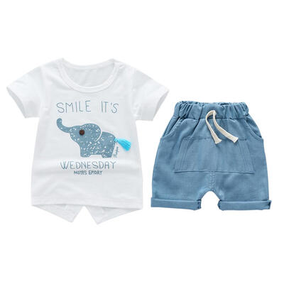 

2pcsset Baby Kid Boy Summer Short Sleeve Animal Print T-shirtSolid Shorts