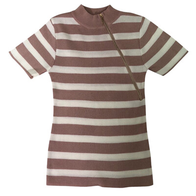 

Women t shirt Summer Casual Concise Zipper women clothes Turtleneck Slim Fit Stripe Knitting Short Sleeve Tshirt