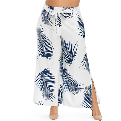 

Leaves Print Slit Belted Plus Size Wide Leg Pants