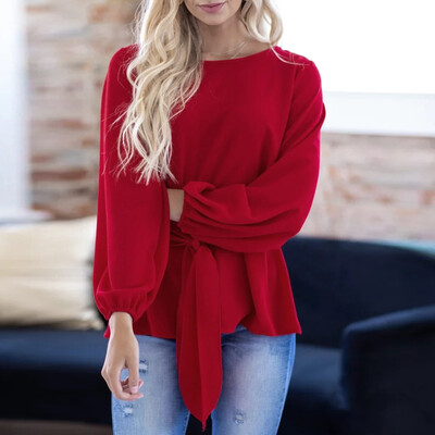 

Tailored Womens Autumn Solid Color O Neck Long Sleeve Bandage Waist Casual Blouse Tops