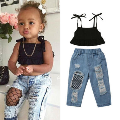 

Kids Toddler Baby Girl Strap TopsFish Net Jeans Pants Outfits 2PCS Clothes 1-6Y