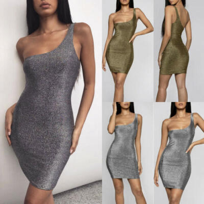 

Bodycon Dress Women Sexy Shinny One Shoulder Sleeveless Mini Dresses Package Hip