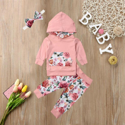 

US Baby Girls Tracksuit Floral Hooded Tops Pants Toddler Clothes Outfit 0-24M