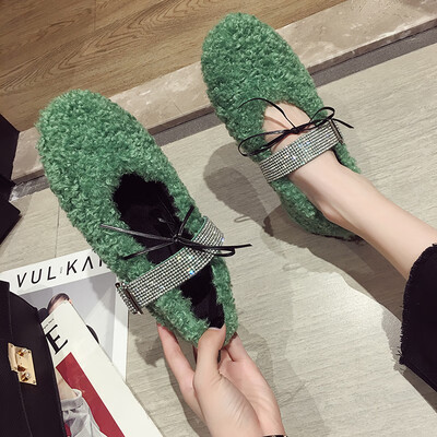 

New Autumn Shoes Korean Edition Fashion Flat Bottom Water Drill Fur Shoes with Buckle Temperament