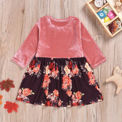 

Infant Baby Girls Dress Velvet Clothes Long Sleeves Floral Print Knee Length A-Line Princess Dress 6M-5Y