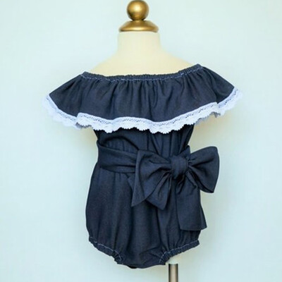 

Newborn Infant Baby Girls Solid Lace Bow Ruffle Artifical Denim Romper Bodysuit