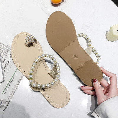 

Sandals womens summer Pearl rhinestone clip feet flat-bottomed sandals womens set toe beach womens shoes