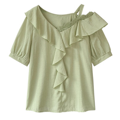 

Women Summer new flounced chiffon Solid Color Off Shoulder Stitching Round Neck Short Sleeve Hollow Chiffon Casual Shirt