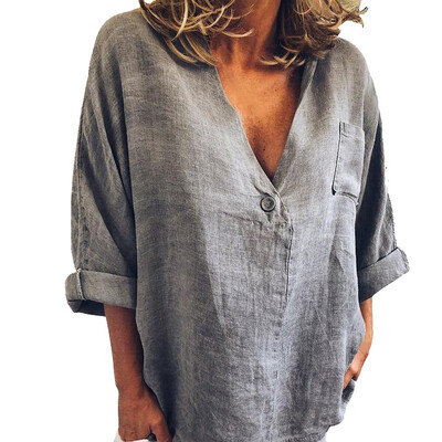 

Ladies Loose Shirts V-neck Summer Tops Casual T-shirt Solid Tops Retro Plus Size