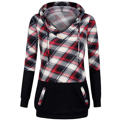 

Starmoon Women Long Sleeve Plaid Pullover Color Block Hooded Kangaroo Pockets Shirt Top