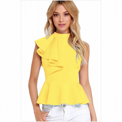 

High-neck sleeveless back with zippered ruffled casual top