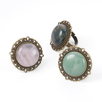 

Natural Mixed Gemstone Adjustable Rings with Iron Finger Ring Components Alloy Cabochon Bezel Settings Half RoundDome Antique