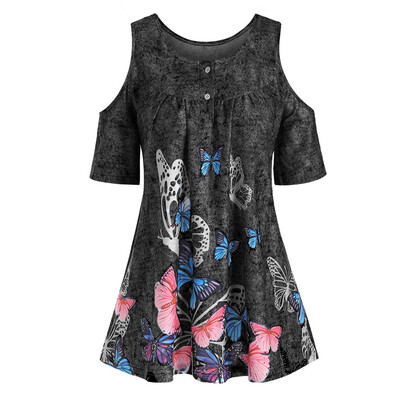 

Roseonmyhand Plus Size Fashion Women Butterfly Printed O-Neck Short Sleeve T-Shirt Tops