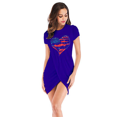 Love Heart Print Dresses Short Sleeve Women Irregular Cross Slim Dress